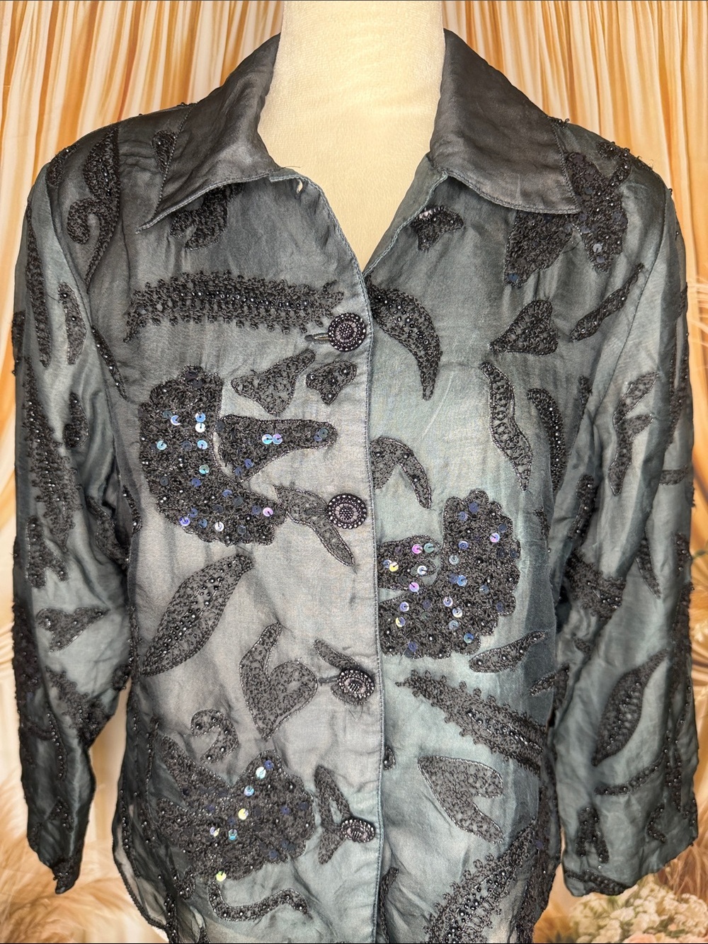 Anage Black Beaded Floral Embroidered Shacket 100% Silk